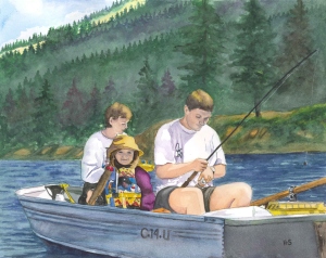 11x14 Watercolor ~ My Mom asked me to do this painting of my brother, sister-in-law & niece fishing on Wallowa Lake in NE Oregon. It was done from a photograph taken about 17 years ago. The painting became a gift for my niece.